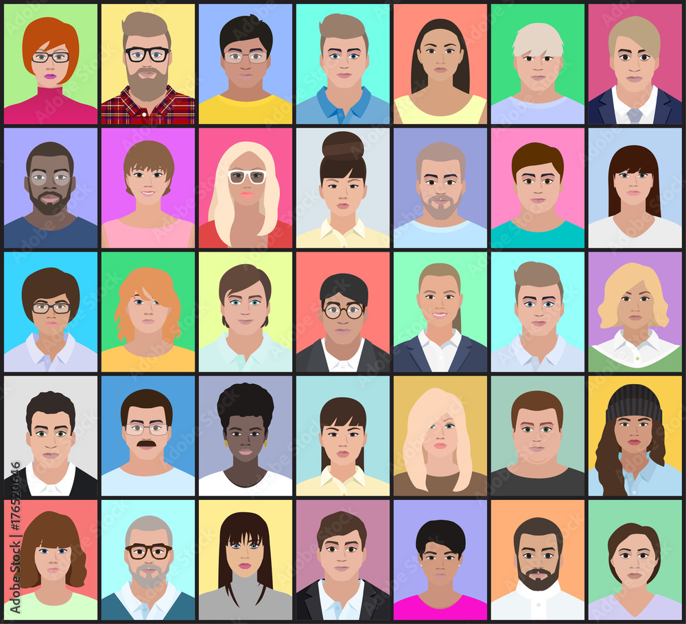 Portraits of different people on a colorful background, vector illustration