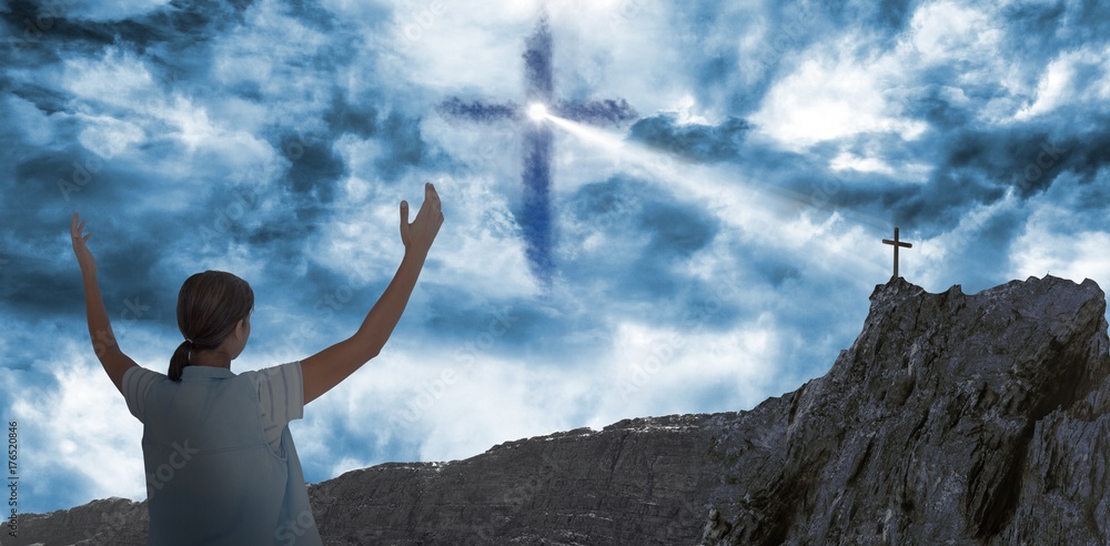 Composite image of woman in casuals with hands raised over white Composite image of woman in casuals with hands raised over white