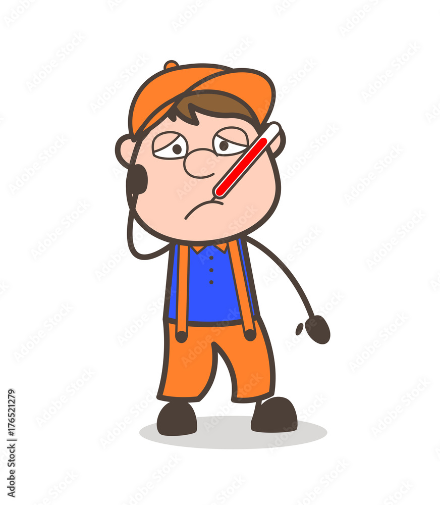 Ill Cartoon Worker with Fever Thermometer Vector Ill Cartoon Worker with Fever Thermometer Vector