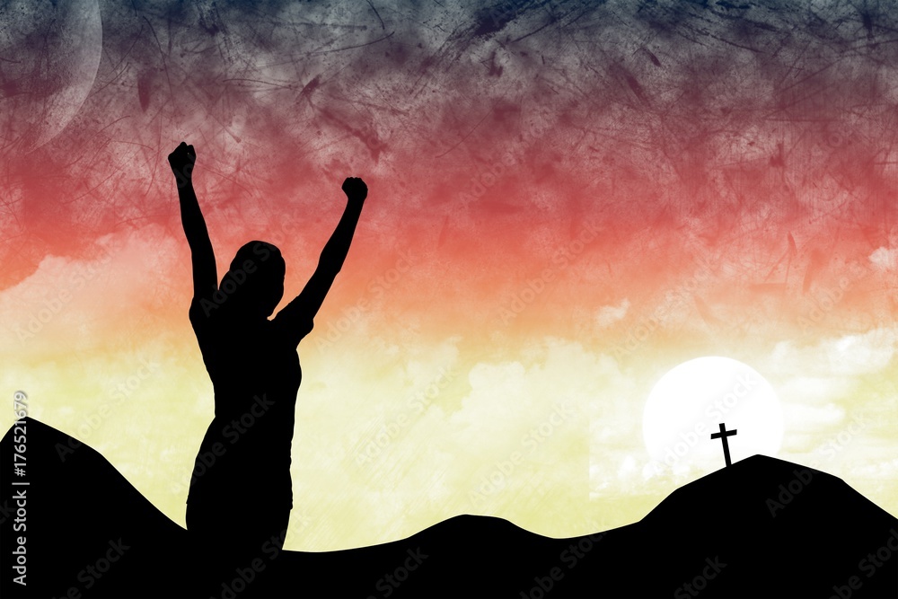Composite image of arms raised silhouette woman Composite image of arms raised silhouette woman