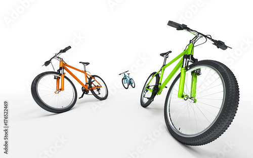 Three colorful bikes going in different directions isolated on white background. Sport concept