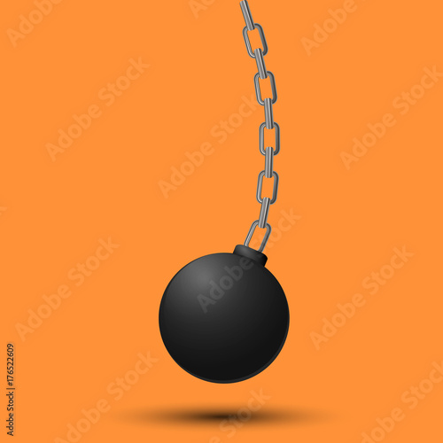 Wrecking ball. Demolition sphere hanging on chains. Vector illustration on orange