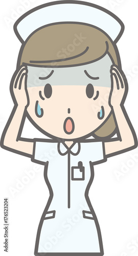 An illustration in which a female nurse wearing a white coat is impatient with his head