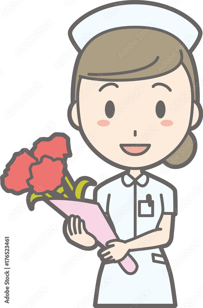 Illustration that a female nurse wearing a white suit has a bouquet of flowers Illustration that a female nurse wearing a white suit has a bouquet of flowers