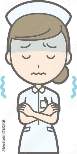 Illustration of a female nurse wearing a white coat trembling in the cold