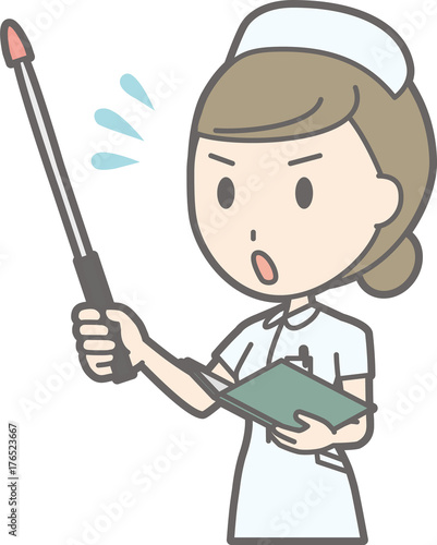 Illustration that a female nurse wearing a white coat is impatient with an instruction stick