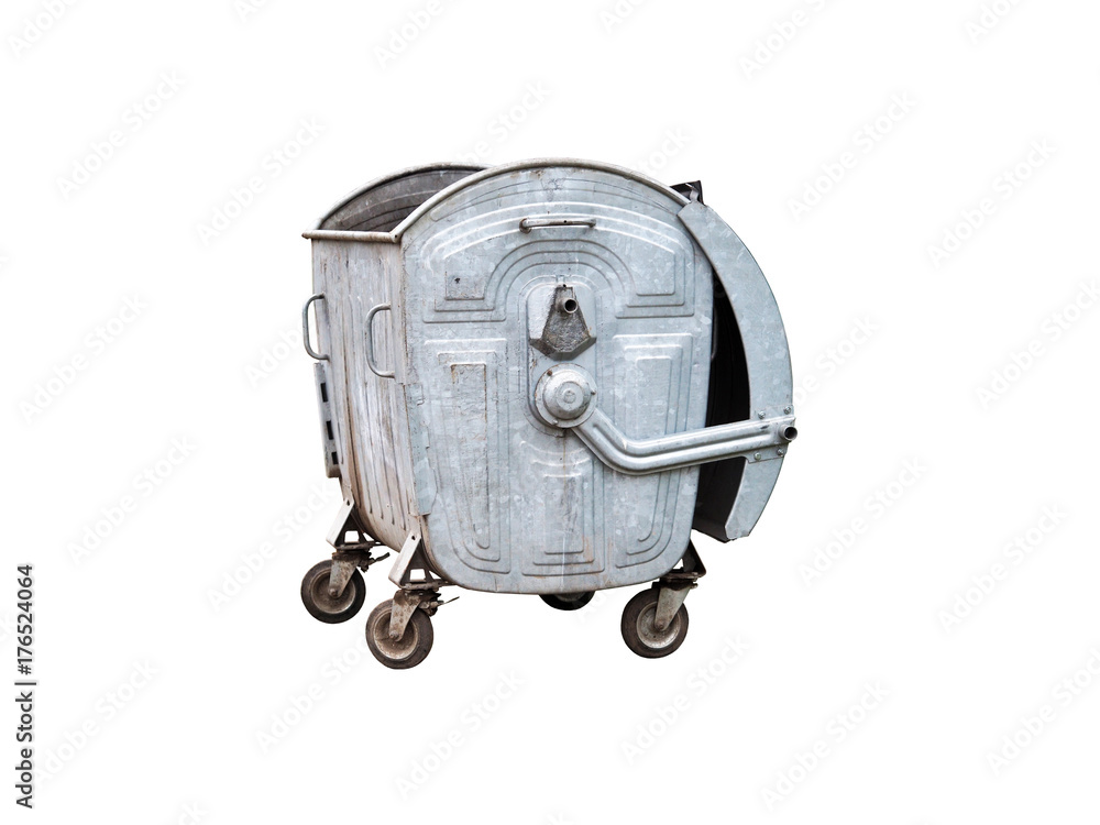 Opened silvery metal garbage container isolated on white background. Four wheeled street trash container