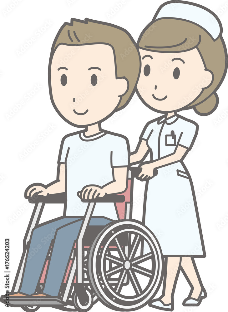 Illustration that a woman nurse wearing a white coat presses a wheelchair on a man Illustration that a woman nurse wearing a white coat presses a wheelchair on a man