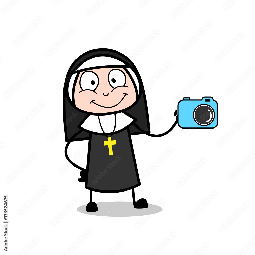 Cartoon Nun Saleswoman Presenting Digital Camera Vector Cartoon Nun Saleswoman Presenting Digital Camera Vector