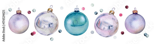 Set of watercolor Christmas glass balls and confetti. Нand-drawn Xmas or New Year decoration