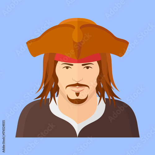 Pirate flat icon on blue background. Male character vector illustration.
