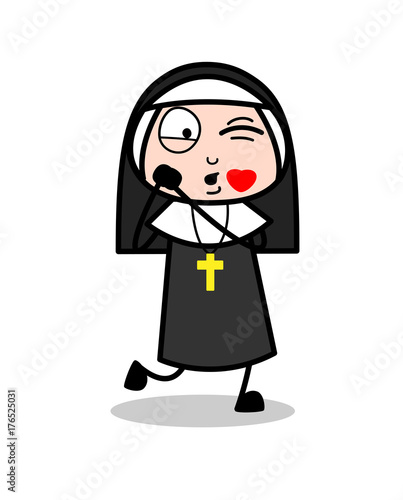 Cartoon Nun Blowing Kiss Vector Illustration