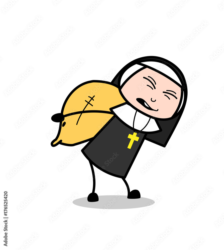 Cartoon Nun Carrying a Heavy Sack Pack Vector Cartoon Nun Carrying a Heavy Sack Pack Vector