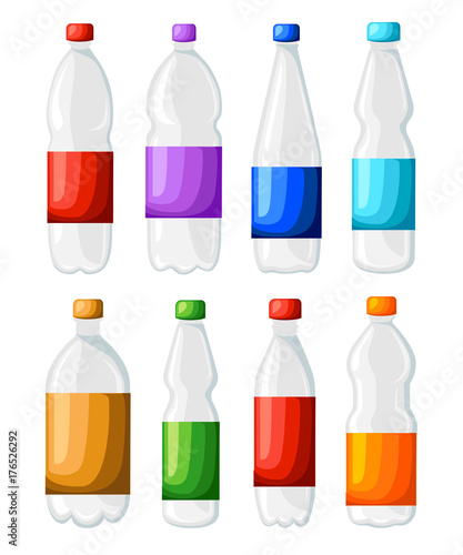 Bottle and glass of fresh sparkling water icon in flat style isolated on blue background. Stylized vector illustration. Web site page and mobile app design