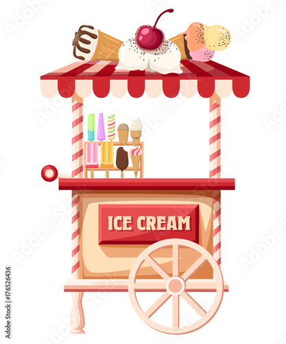 Ice cream truck, carrying a hand that is taking an ice cream Stylized vector illustration Web site page and mobile app design.