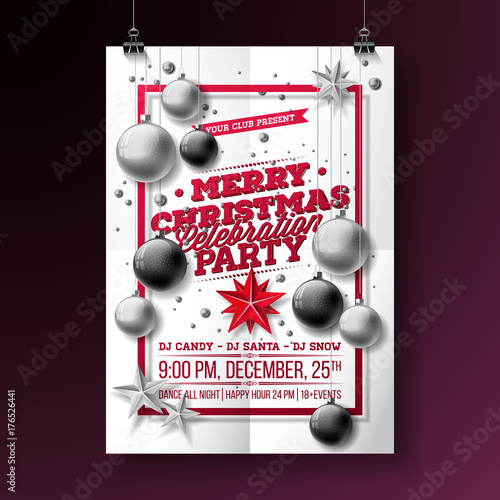 Vector Merry Christmas Party Flyer Illustration with Typography and Holiday Elements on White background. Invitation Poster Template. photo