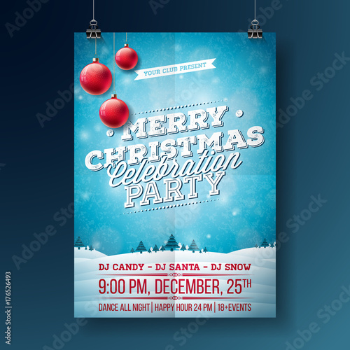 Vector Merry Christmas Party Flyer Illustration with Typography and Holiday Elements on Blue background. Winter Landscape Invitation Poster Template. photo