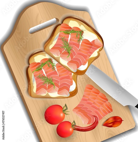 Salmon sandwich realistic Vector. Fresh sandwich detailed illustrations