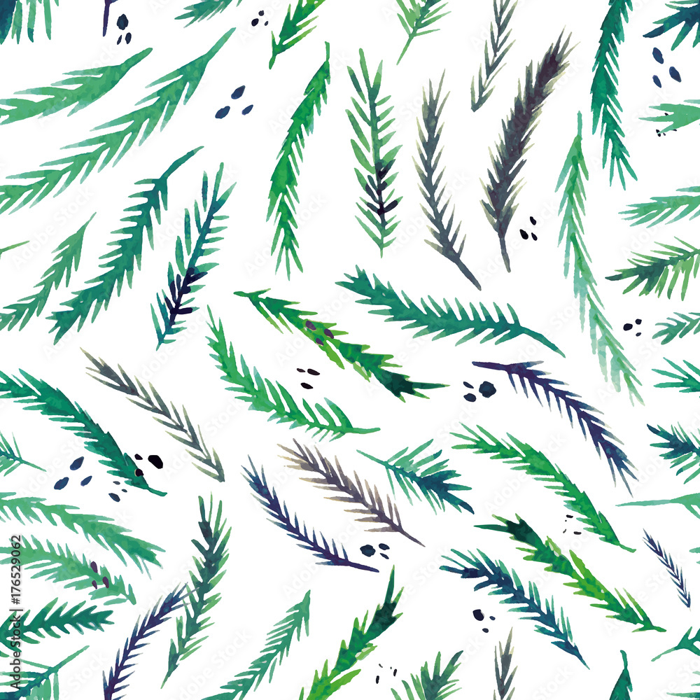 Vector watercolor pine branches seamless pattern