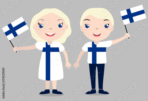 Smiling chilldren, boy and girl, holding a Finn flag isolated on white background. Сartoon mascot. Holiday illustration to the Day of the country, Independence Day, Flag Day.