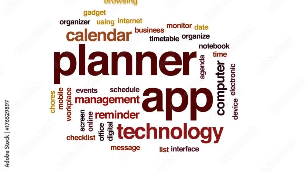 Planner app animated word cloud, text design animation. Planner app animated word cloud, text design animation.