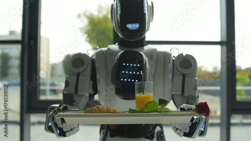 Automated robotic machine delivering romantic breakfast