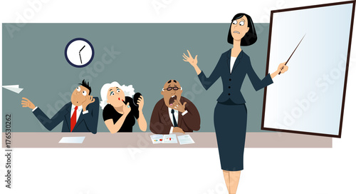 Businesswoman giving a presentation in front of a bored distracted colleagues, EPS 8 vector illustration 