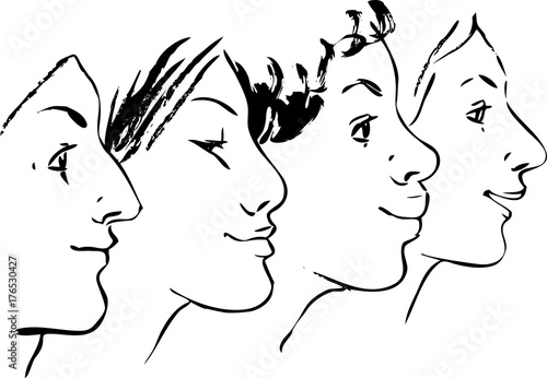 Four female profiles of diverse race, EPS 8 vector  based on hand-drawn ink illustration