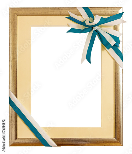 Golden award frame with ribbon bow on white