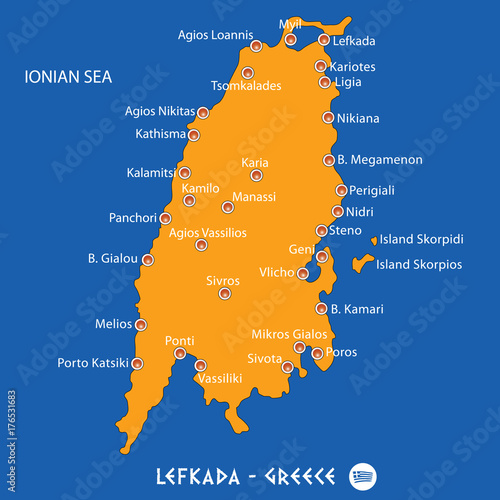 Island of  lefkada in Greece orange map and blue background