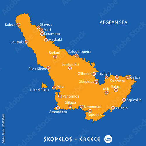 Quadro su tela Island of skopelos in Greece orange map and blue background