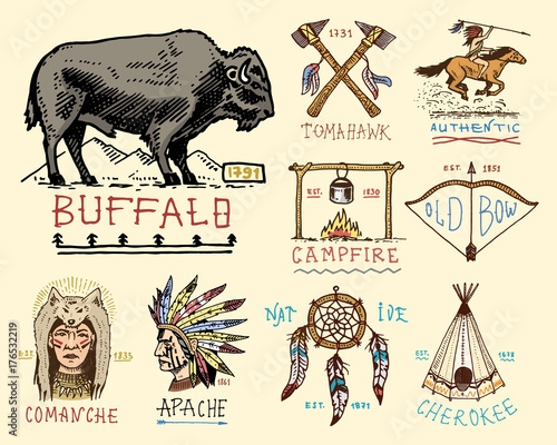 set of engraved vintage, hand drawn, old, labels or badges for indian or native american. buffalo, axes and tent, arrows and bow, skull, Dreamcatcher and cherokee, tomahawk.
