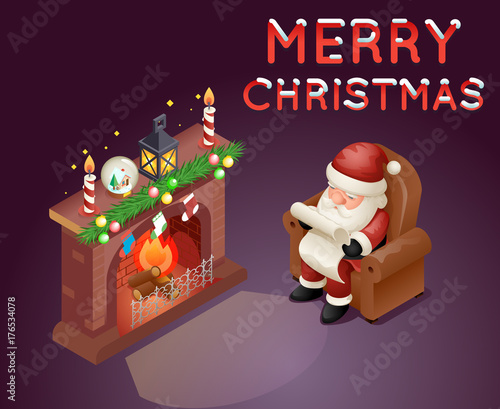 Isometric 3d Santa Claus Read Gift List Sit Armchair Character Icon Holiday Fireplace Background Cartoon Greeting Card Template Poster Vector illustration