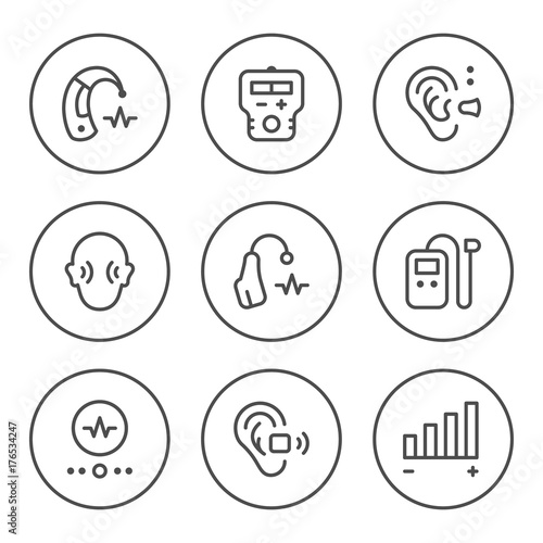 Set round line icons of hearing aid