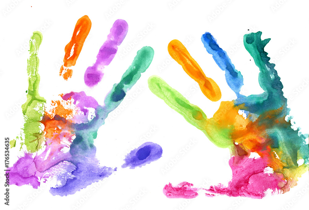 Multicolored hand prints on white Multicolored hand prints on white