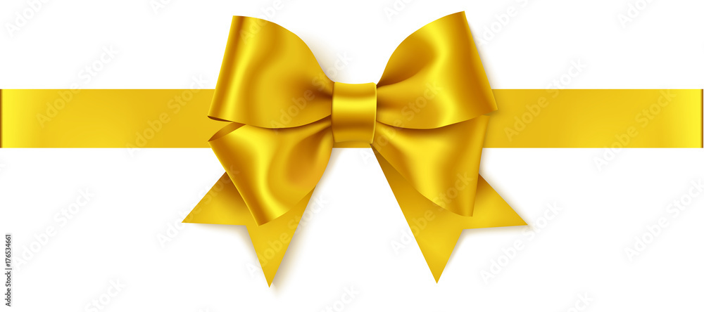 Beautiful golden bow and horizontal gold ribbon isolated on white.  Decorative vector yellow bow Stock Vector