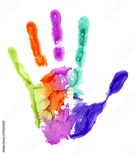 Close-up of colored hand print on white background
