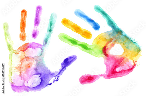 Multicolored hand prints on white