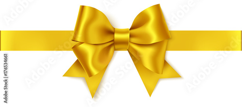 Beautiful golden bow and horizontal gold ribbon isolated on white. Decorative vector yellow bow