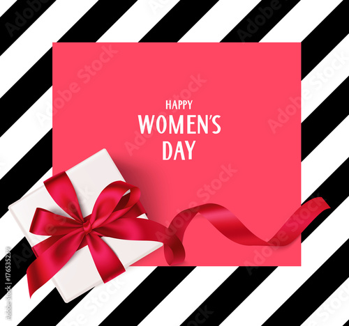 Women's day template with decorative gift box and long red ribbon. Vector illustration. 