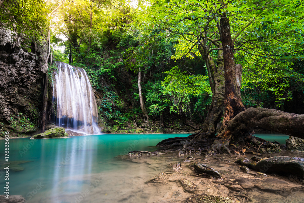 Waterfall in Thailand name Erawan in forest at Kanchanaburi provience - obrazy, fototapety, plakaty 