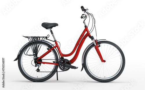 3d illustration. Women's red bike looks to the right isolated on white background. Side view. Sport concept