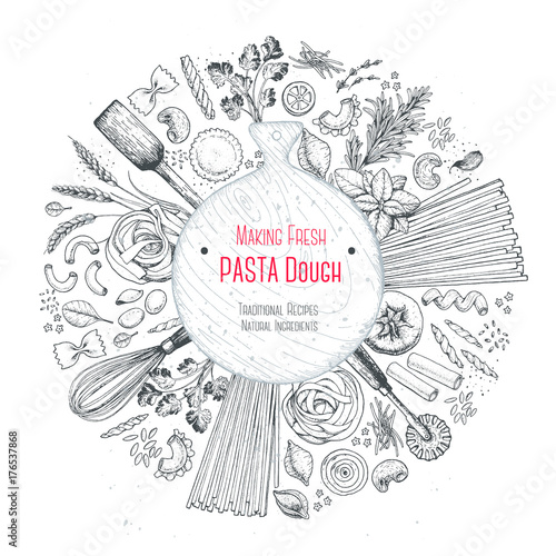 Italian pasta label. Hand drawn vector illustration. Collection of pasta different types. Italian food design template. Engraved sketch style.