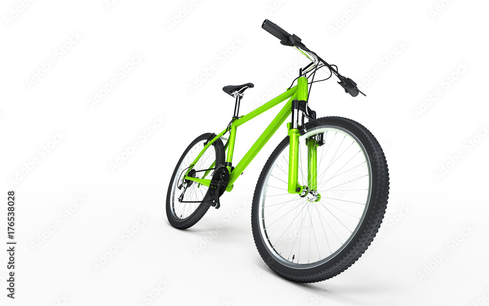 Green bike goes to the right isolated on white background. Sport concept