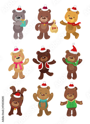 Set of Cute Christmas Bears. Vector illustration on White Background