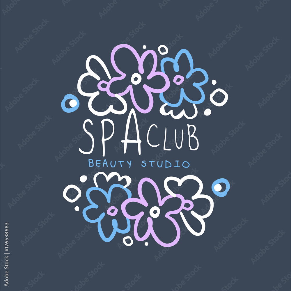 Spa club, beauty studio logo, emblem for wellness, yoga center, health and cosmetics label hand drawn vector Illustration