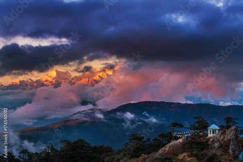 Dramatic landscape Kangchenjunga mountain with colorful from sunlight at Sandakphu