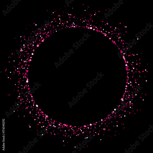 Vector shiny pink glitter circle round frame with copy space. Romantic sparkling Valentines Day abstract background.