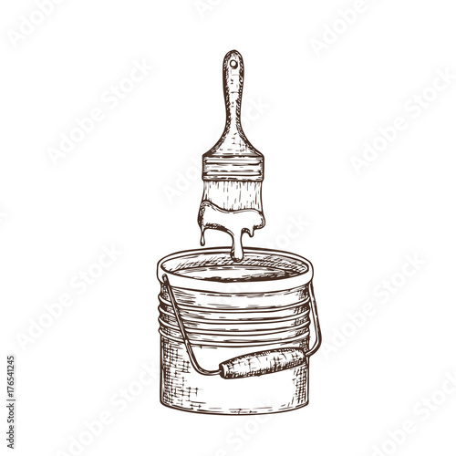 Bucket with paint and brush on white background, cartoon illustration of repair tool. Vector