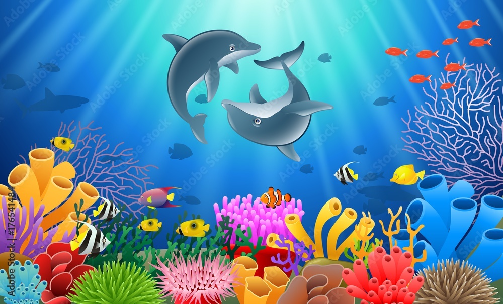 Obraz premium Kreskówka delfinów z podwodnym widokiem i koralowym tłem. Ilustracji wektorowych.